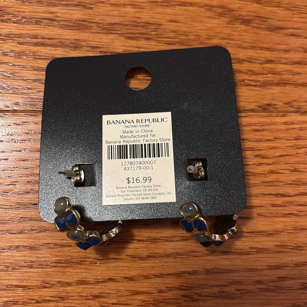 NEW Banana Republic Gold Turquoise Blue Stone Stud Hoop Earrings Gold Tone - Picture 8 of 10